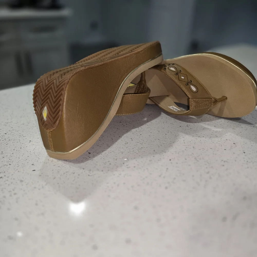 Volatile Tan Wedge Slides with Perforated Design - Picture 3 of 5